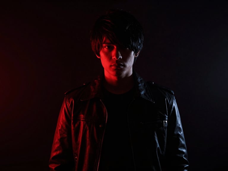 High-concept cosplay portrait in atmospheric dark setting, neon red accents, deep shadows, high contrast, 35mm