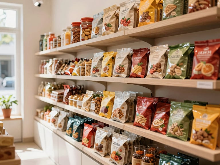 Bright and airy modern boutique store interior with neatly organized clean shelves displaying colorful South Asian grocery packages under natural daylight.