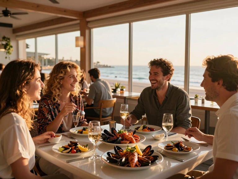 Vibrant bistronomy restaurant interior with guests laughing, plates of fresh Mediterranean seafood, view of the track through panoramic windows, warm golden-hour light