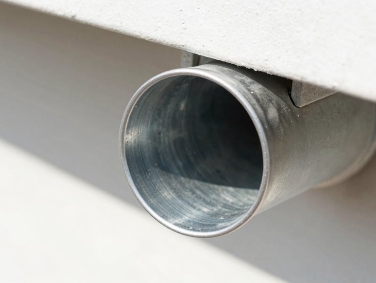 Close-up macro shot of the same gutter completely cleared, clean metallic interior, pristine downspout opening, bright midday sun