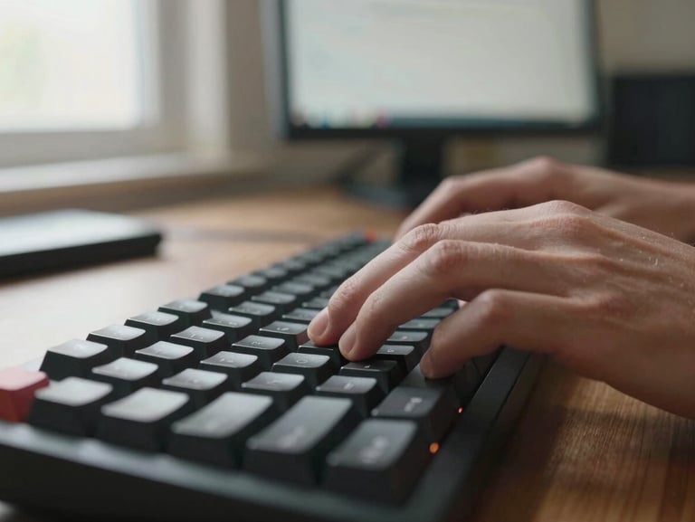 Close-up of hands on a mechanical keyboard, fingers mid-keystroke, warm natural sidelight from a nearby window, developer's monitor softly visible and blurred in background