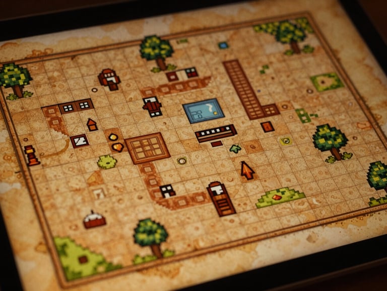 Full pixel art game screenshot showing a top-down map with hand-drawn tileset details, warm amber ambient light on the screen surface, no UI elements, native resolution captured cleanly