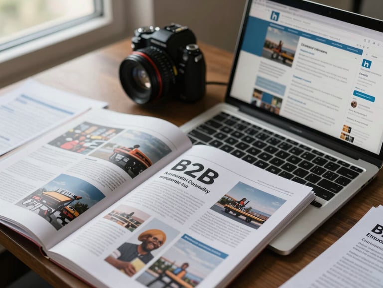 Close-up overhead flat-lay of a B2B trade media print spread and a laptop screen showing a LinkedIn campaign dashboard side by side on a desk, natural daylight from a nearby window, campaign brief papers visible at frame edge