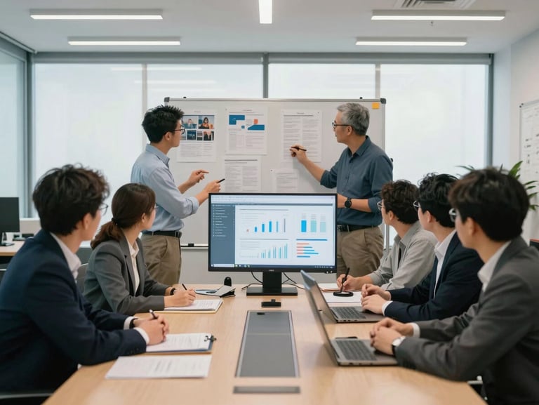 Wide shot of a strategy session in progress around a conference table, campaign printouts pinned to a standing board, team members reviewing analytics on a monitor, clean office fluorescent and window light, no posed smiles
