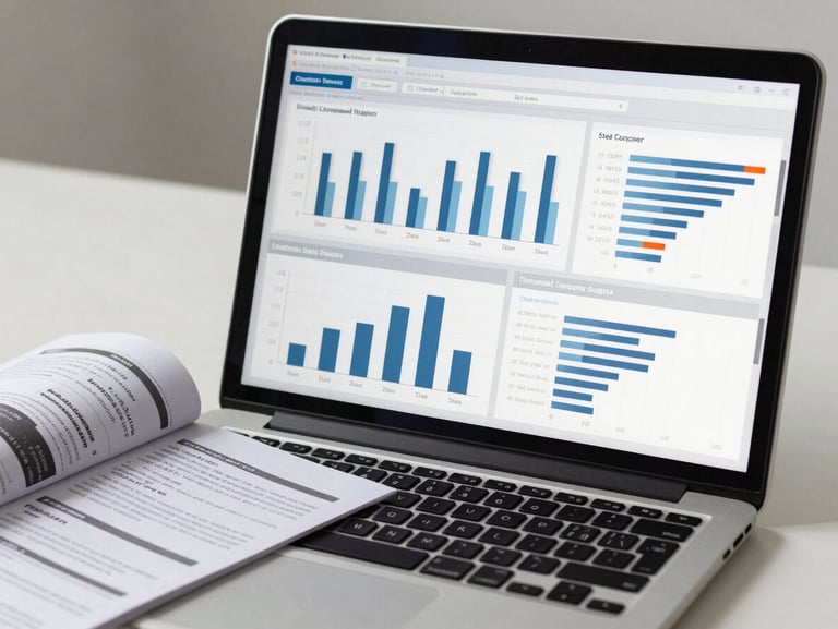 Close-up of a laptop screen displaying a multi-channel analytics dashboard with bar charts and funnel metrics, a printed media plan open beside the keyboard, clean studio lighting, no people visible