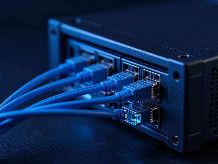 Sleek high-contrast technology photography, cool blue studio lighting, macro shot of a server rack with glowing blue data cables, sharp focus, deep navy background