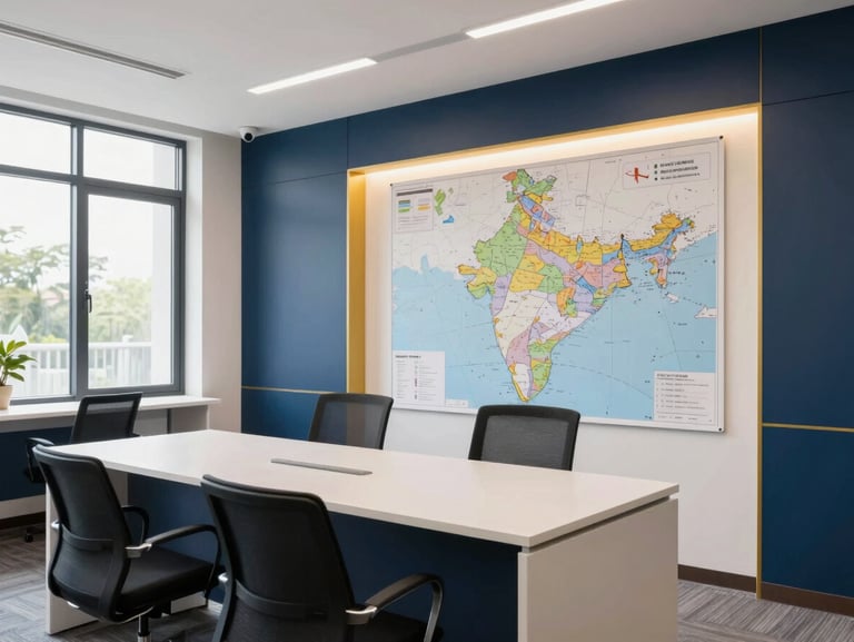 Modern, well-lit education consultancy office interior, showing a map of India on a wall and a clean consultation desk. Editorial academic photography, bright natural daylight, deep navy and gold accents, clean modern campus setting, 35mm lens.