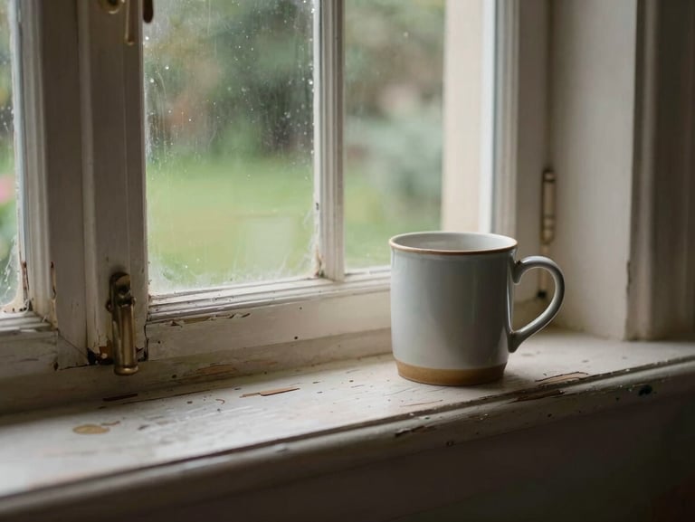 Close-up of a worn wooden window sill with peeling paint, morning light entering through single-glazed sash glass, a ceramic mug resting on the sill, the garden blurred softly in the background
