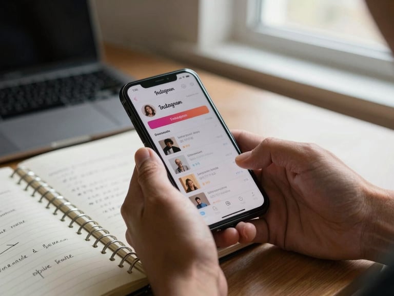 Close-up of a creator's hands holding a smartphone showing an Instagram feed analytics screen, a strategy notebook open beside it on a desk, soft natural light from a nearby window, unposed documentary feel
