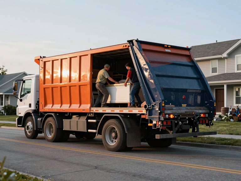 Wide shot from the side of a loaded junk removal truck parked on a Fargo residential street, afternoon daylight, crew members actively lifting furniture into the truck bed, orange and navy truck livery visible