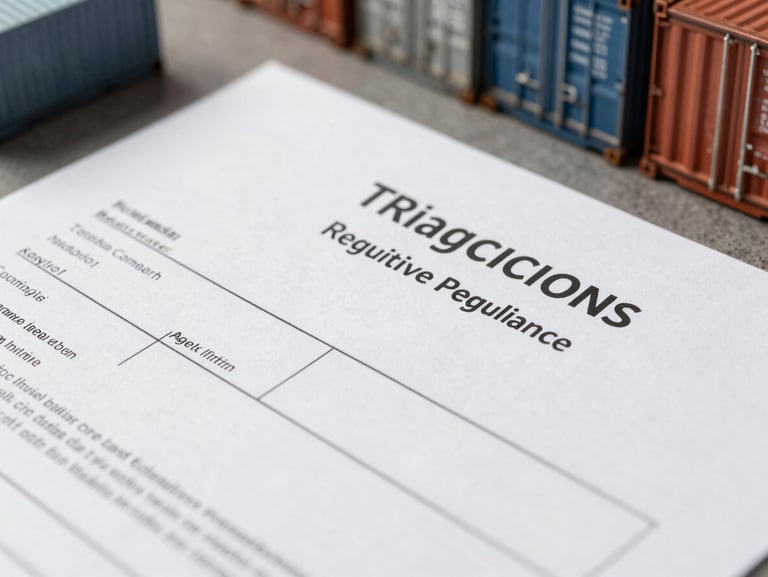 Macro detail shot of shipping documents, trade certificates, and steel cargo containers under bright daylight, highlighting regulatory compliance.