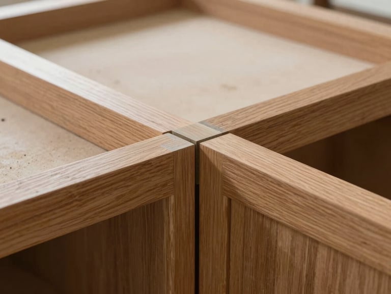 A perfectly fitted miter joint on a warm oak cabinet frame, clean dust-free workspace, soft natural light.