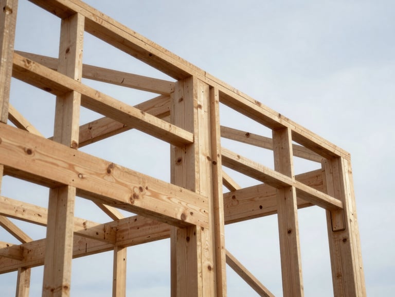Exposed heavy timber structural framing against a cold, bright Pennsylvania sky, sharp geometric lines of raw wood.