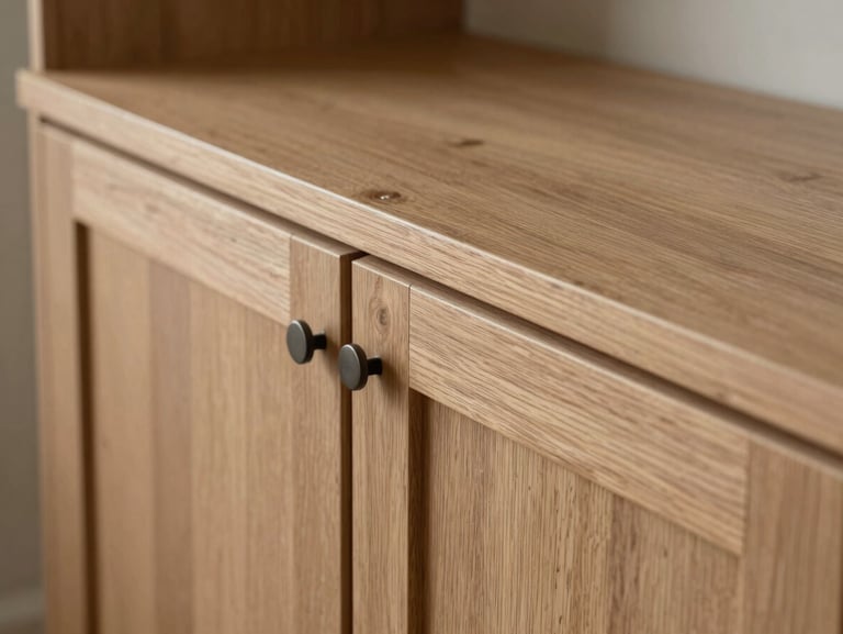 Clean, dust-free installation of custom raw-oak cabinetry in a historic home, highlighting tight-tolerance trim work.