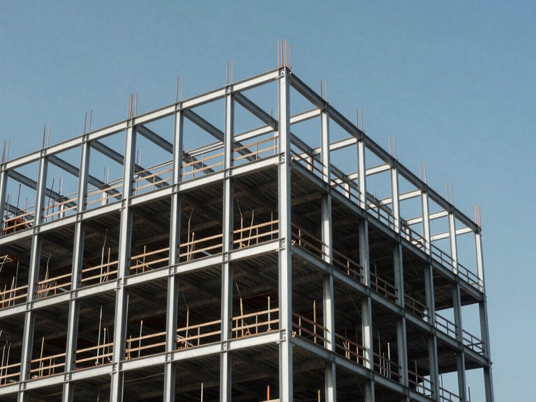 Structure métallique géométrique d'un bâtiment en construction sous un ciel bleu clair, lignes épurées et cadrage structuré.