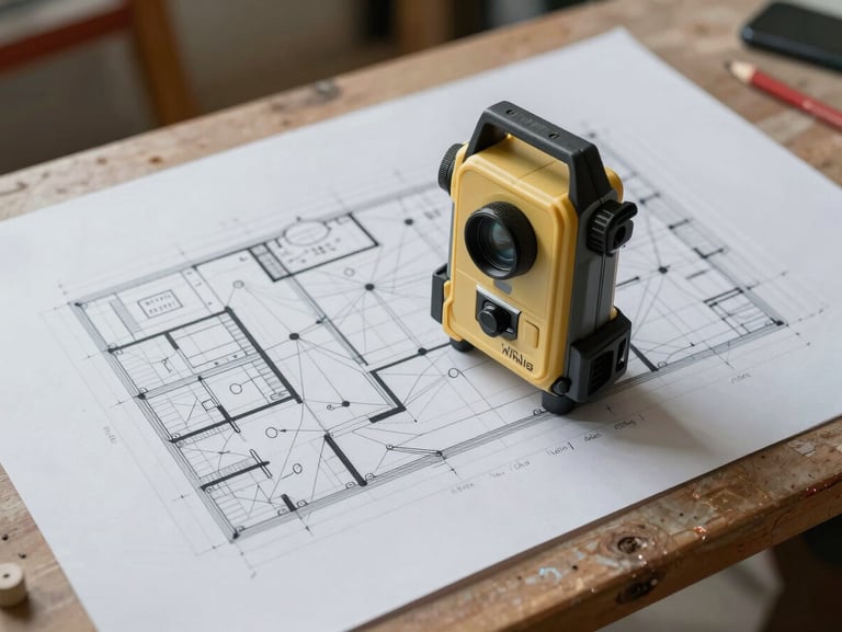Vue de dessus d'un plan technique de bâtiment posé sur une table de chantier, avec un double décamètre et des annotations de calcul précises au crayon.