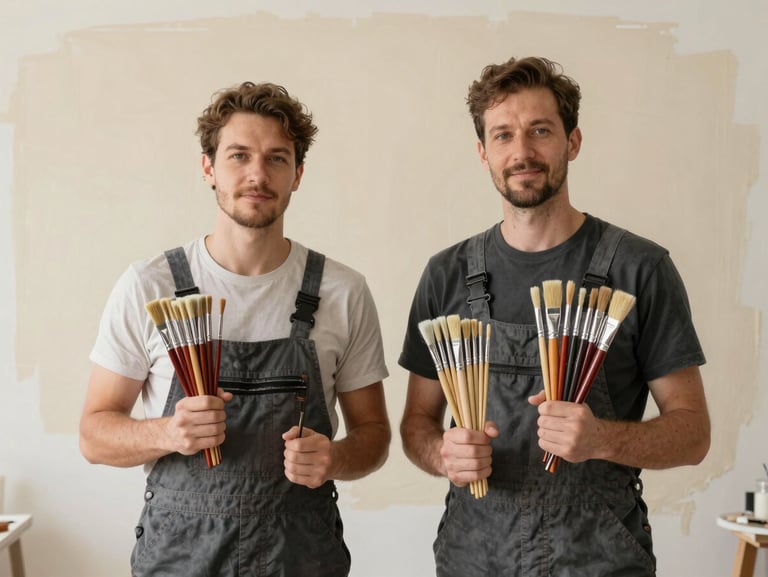A professional portrait of two painters in clean, branded charcoal overalls standing in front of a freshly painted deep cream wall, holding neatly organized, high-end brushes, warm natural lighting.