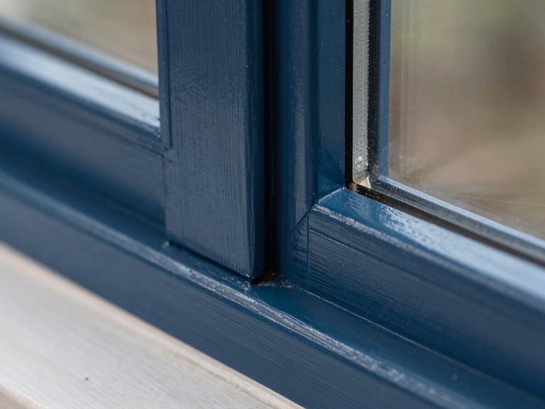 Close-up of the exact same wooden window frame joint, now perfectly repaired, sanded smooth, and finished with a flawless semi-gloss dark blue paint, sharp paint lines.