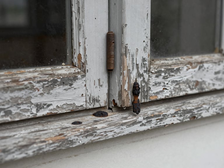 Close-up of a weather-beaten wooden window frame with peeling paint and dark, soft rot spots near the joint, overcast light.