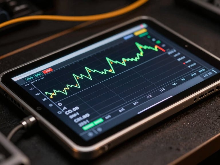 Close-up of a technical diagnostic tablet displaying voltage graphs and telemetry data, sharp metallic edges, dark background with amber electrical lines, high-contrast studio lighting.