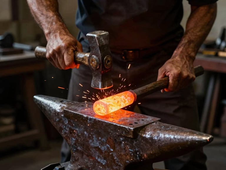 Blacksmith hands using a heavy hammer on glowing orange molten iron over an anvil, dark moody workshop atmosphere, sparks flying in a high-end metalwork atelier.
