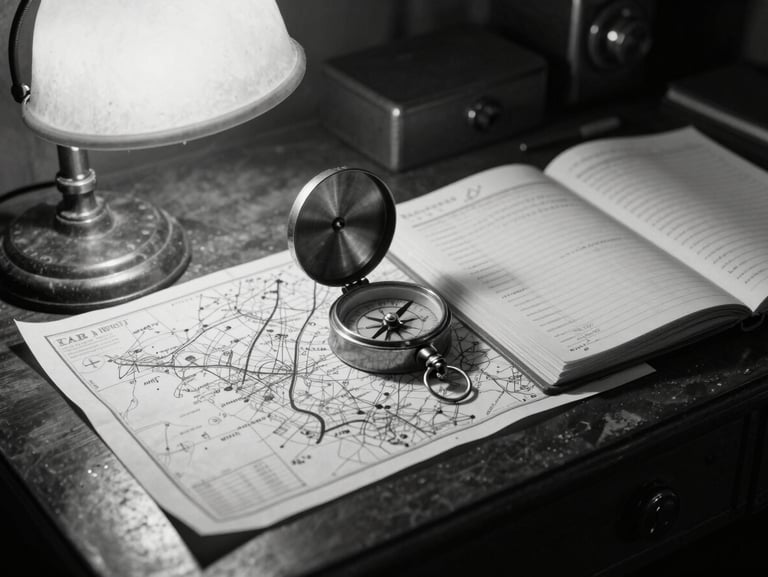 Archival monochrome photograph, high-contrast dramatic lighting, close-up of a vintage 1940s RAF navigator desk with a detailed flight map, brass compass, and open logbook under a soft warm lamp.