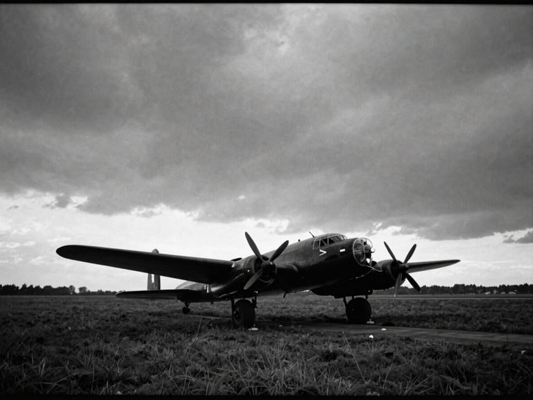 Archival monochrome photograph, vintage film grain, wide atmospheric shot of a grass airfield at dusk, the dark silhouette of a Lancaster bomber resting under a dramatic overcast sky.