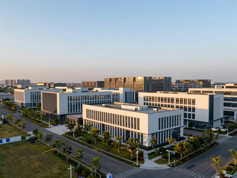 Wide drone shot of a low-rise modern commercial campus integrated into a manicured landscape, clean cantilevers, golden hour light.