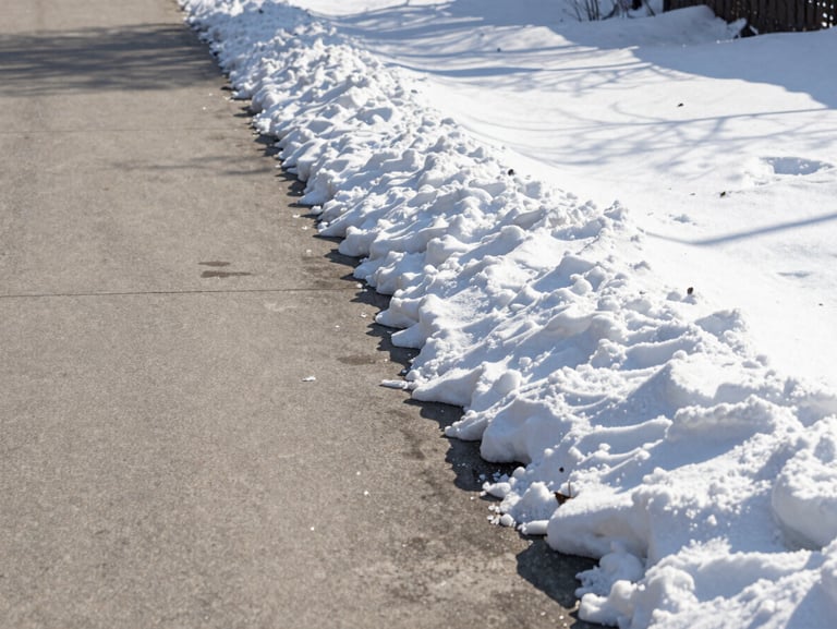 A clean, perfectly cleared concrete walkway in winter, crisp snow stacked neatly to the side, bright morning sun, no ice