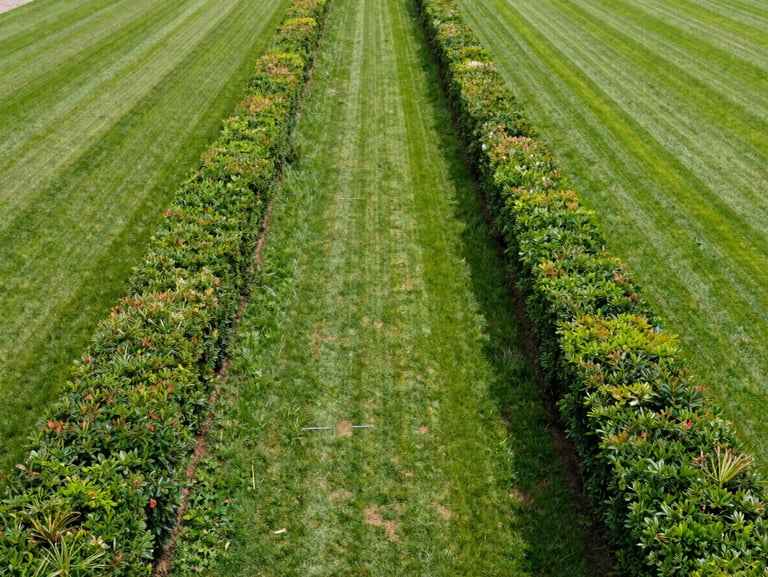 A perfectly straight, sharp hedge line next to a freshly mown lawn, Schnittgut neatly cleared, bright daylight, symmetrical framing