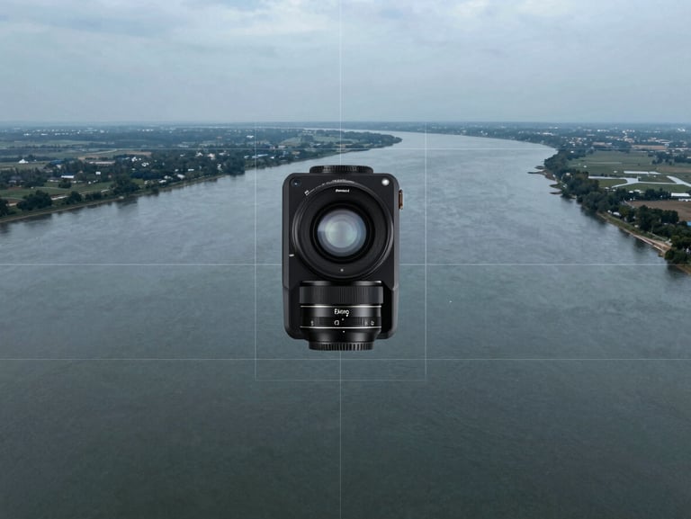 Crisp technical photography of a wide environmental landscape of a river delta with clean vector grid lines, cool overcast tones, digital telemetry overlay, 35mm lens.