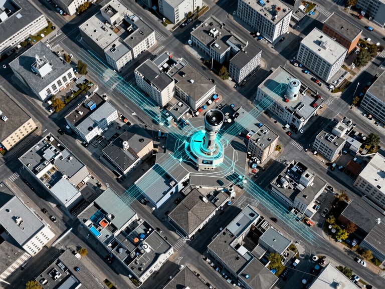Crisp technical photography of a high-altitude top-down satellite view of a clean municipal grid, sharp daylight, technical vector line overlays in cyan, 35mm lens.