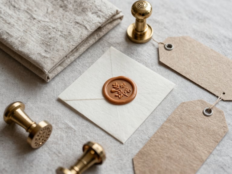 An editorial flat lay of raw wedding packaging materials, including textured linen, wax seals, and heavy cotton paper labels, soft natural light.