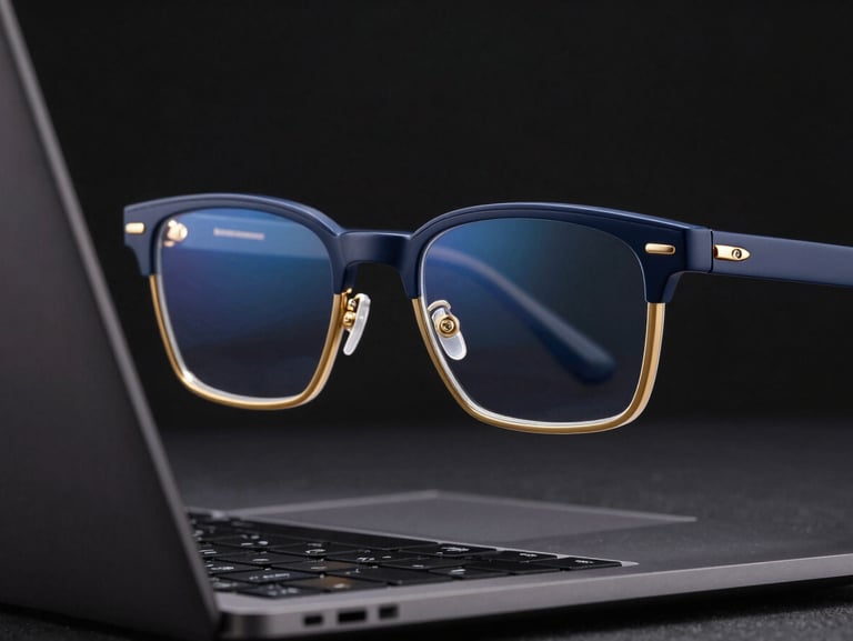 Close-up of a professional working on a laptop, wearing modern blue-light filtering glasses, soft screen glow, sharp studio lighting, high-contrast, deep navy and gold accents, crisp detail