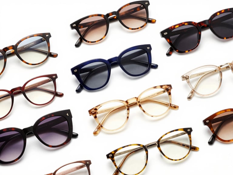 Abstract flat-lay of various high-fashion spectacle frames in different architectural acetate finishes, arranged artfully, sharp studio lighting, high-contrast, deep navy and gold accents, crisp detail