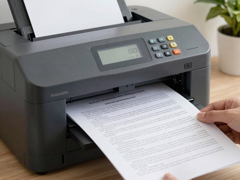 High-speed document scanner on an office desk, a stack of paper files beside it, operator's hand feeding a sheet into the feeder, natural window light from the left