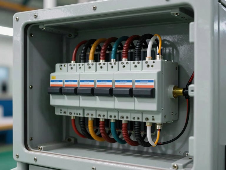 Close-up of complex medium-voltage synchronization switchgear inside a ruggedized power container, clean factory-floor lighting, high-contrast wiring detail