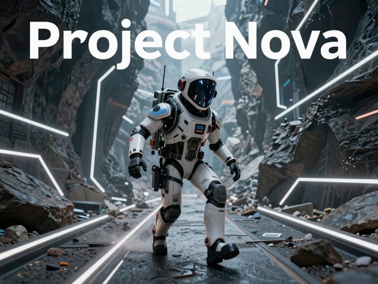 A dynamic keyframe from Project Nova, featuring a futuristic scout navigating a neon-lit canyon, crisp digital lines, high contrast.