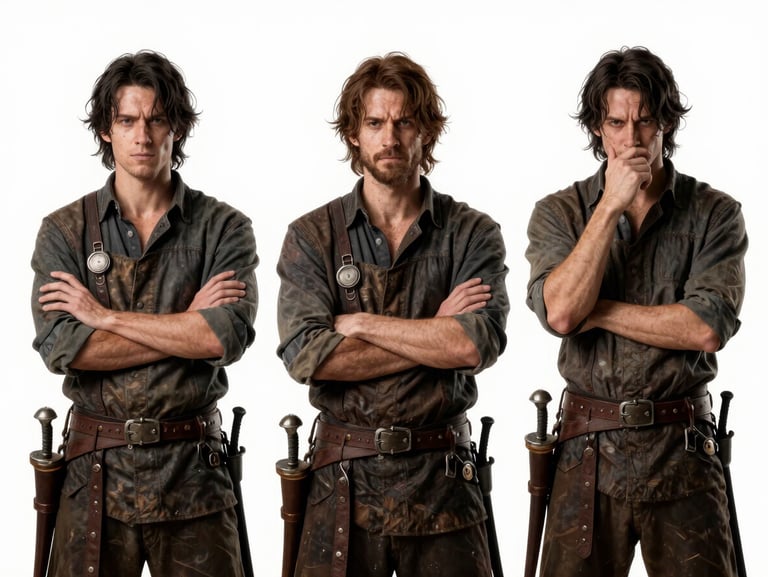 An expressive character lineup from Project Echo, showing a fantasy blacksmith in three distinct emotive poses, clean line-art on white background.