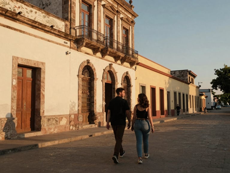 Plano medio cinematográfico de una pareja caminando por las calles de una ciudad histórica al atardecer, luz dorada lateral, movimiento natural, estilo documental.
