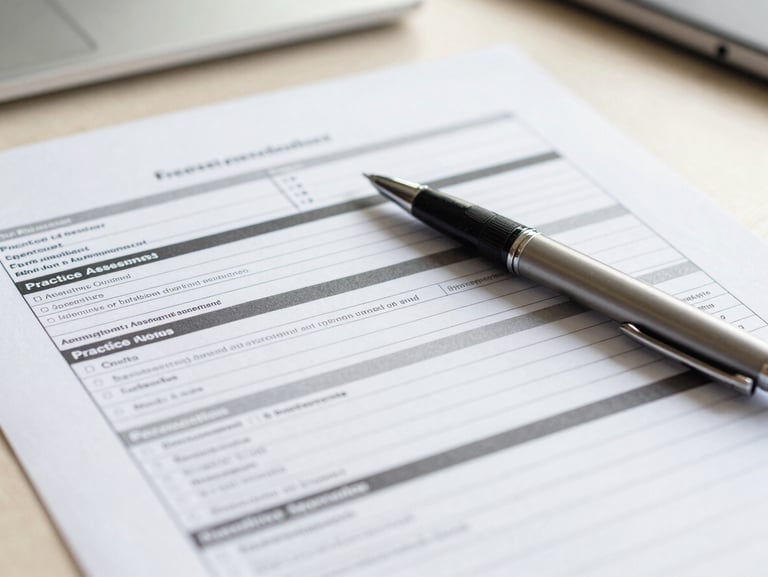 A close-up of a structured practice assessment report on a clean desk, a sleek pen resting on the document, bright natural light.
