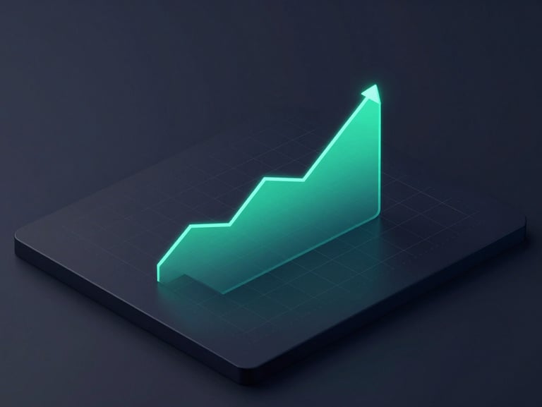 Sleek 3D render of a dark mode financial dashboard, glowing emerald area chart showing exponential compound growth, clean grid lines, isometric perspective