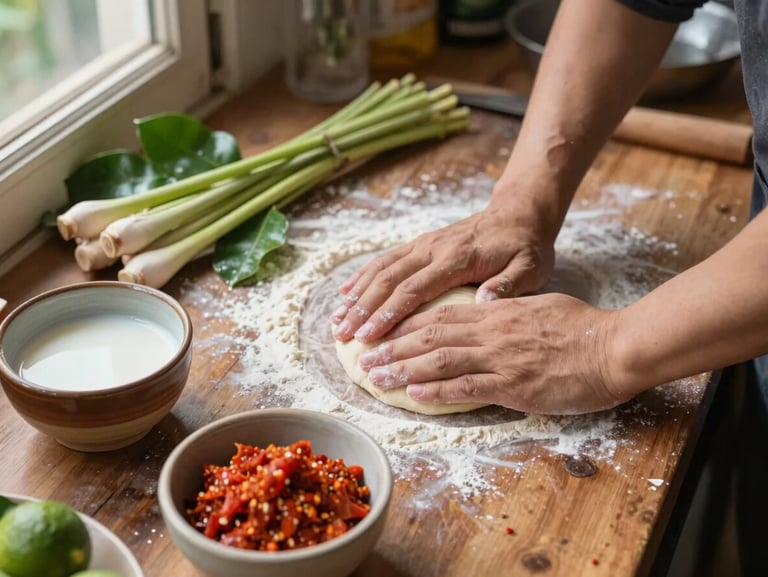 Close-up overhead shot of hands pressing dough on a Thai cooking class counter, fresh kaffir lime leaves and lemongrass arranged nearby, natural window light from the left, ceramic bowls of coconut milk and chili paste mid-prep, worn wooden surface with flour dusting