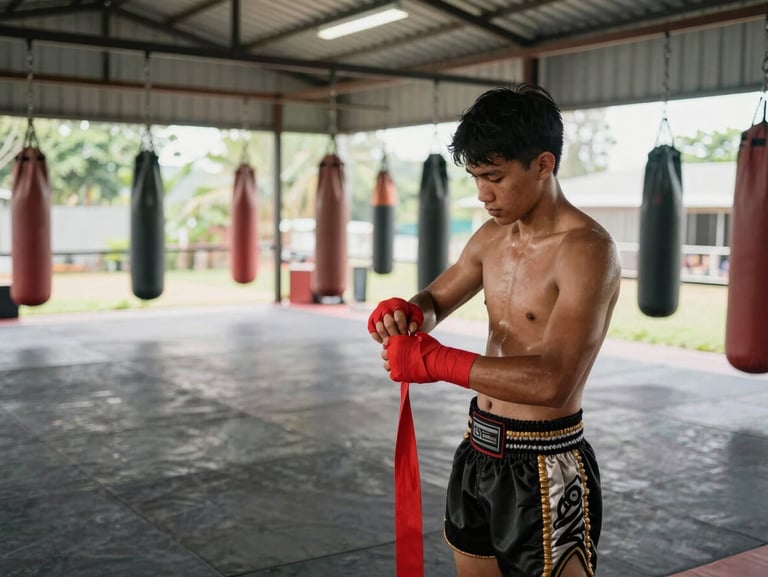 Environmental wide shot inside a Muay Thai training camp in Bangkok, a student wrapping their hands with red gauze tape at the edge of the ring, natural morning light through open gym doors, heavy bags hanging in the background, scuffed canvas floor visible, authentic camp atmosphere