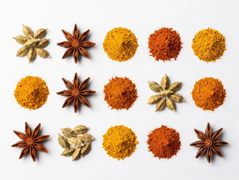 Clean flat-lay arrangement of premium Indian spices, turmeric and cardamom, bright natural daylight, sharp focus