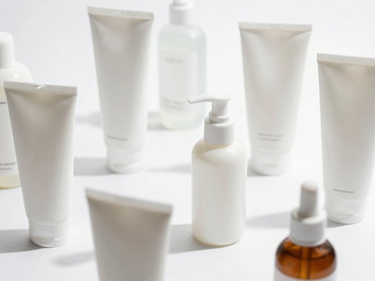 Modern personal care products in structured minimalist packaging on a clean white surface, sharp focus