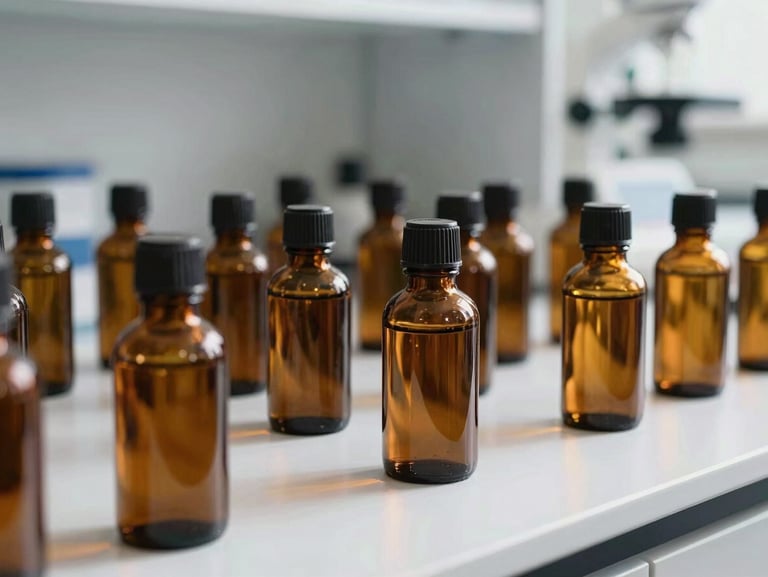 High-end amber glass bottles of Ayurvedic herbal extracts on a clean laboratory counter, bright natural daylight