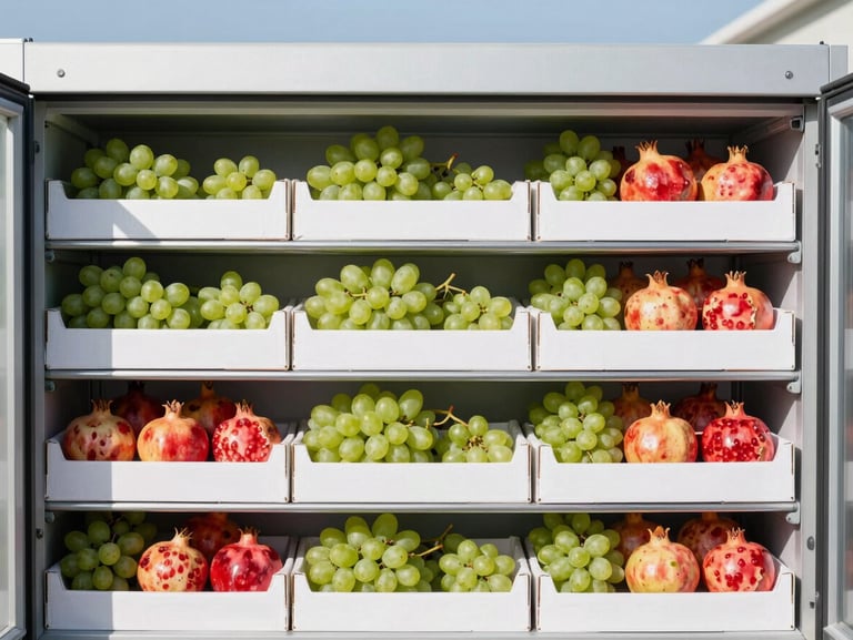 Pristine fresh produce, green grapes and pomegranates in structured cold-storage packaging, crisp industrial tones