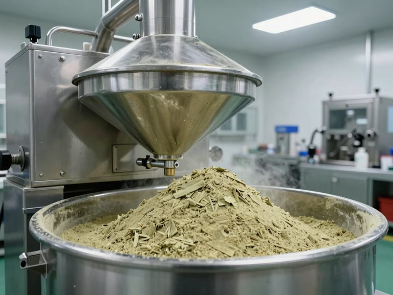 Wide shot of stainless steel powder-blending equipment with fine herbal powder in a clean GMP manufacturing room, bright overhead lighting, no personnel