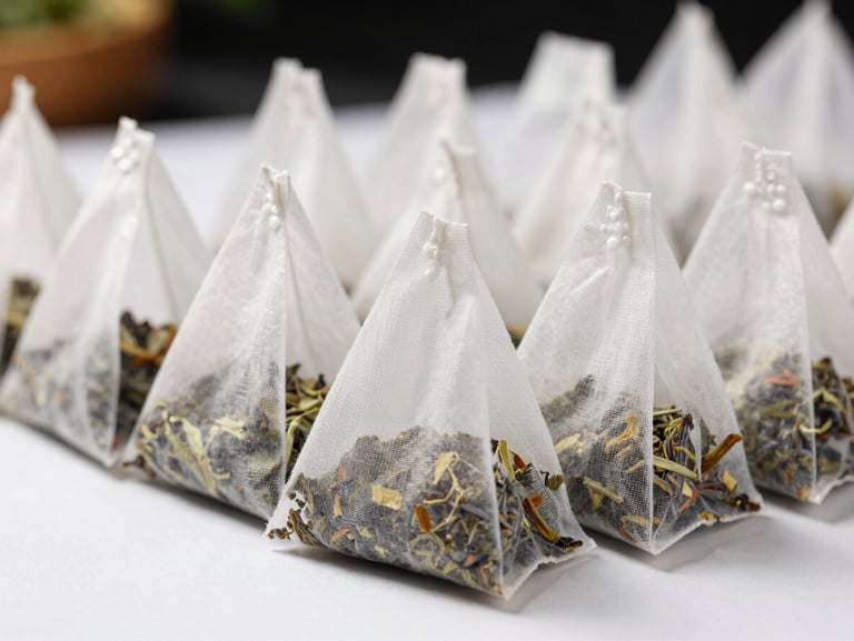 Close-up of uniform pyramid tea bags sealed in a row on a white production surface, dried herbal blend visible through mesh, bright studio lighting